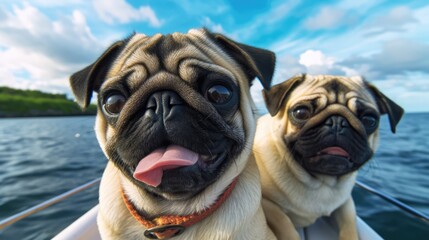 Obraz premium Two pugs on a boat enjoying ocean view