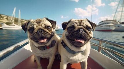 Two happy pugs on a boat enjoying a sunny day by the marina