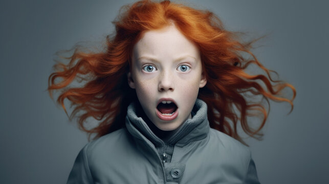 Amazed and surprised beautiful redhead little girl created with generative AI technology
