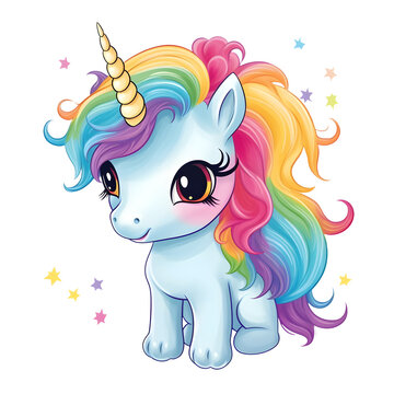baby pony unicorn with rainbow mane, clipart isolated on transparent white background, generative ai