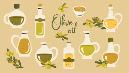 Set of glass olive oil bottles isolated. Pitchers with fresh virgin oil, branch of olive trees, leaves. Healthy organic food, natural vitamins. Kitchenware, cooking concept. Vector flat illustration