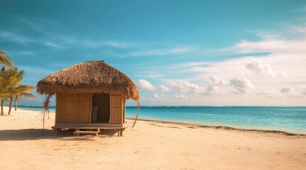 Tropical sea with a hut on the beach