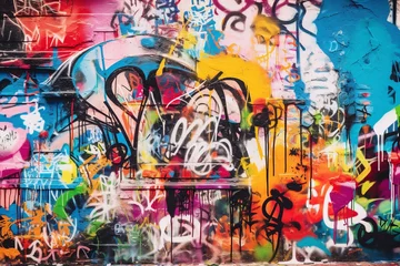 Foto auf Glas Close-up details of abstract urban street art on a graffiti wall. © Kristian