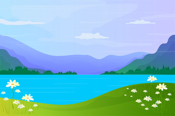 flat design Gradient spring lake and mountain landscape