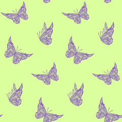 Seamless green pattern with violet flying butterflies