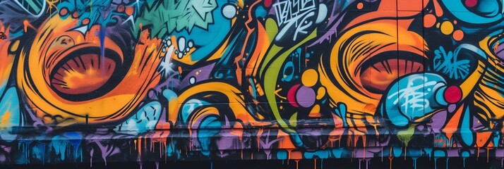 Close-up details of abstract urban street art on a graffiti wall.