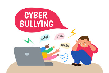 cyber bullying in social media crying little boy siitting  laptop   internet aggression  vector illustration