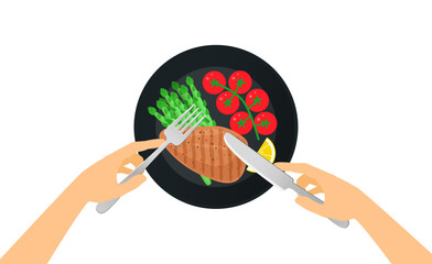 hands holding fork and knife  grilled chicken breast asparagus cherry tomatoes branch on plate top view vector illustration