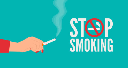 stop smoking woman hand holding cigarette and sign vector illustration - 612034721