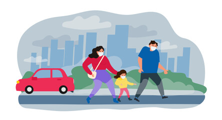 family wearing protective mask car emits co2 air pollution smoke city ecology vector illustration