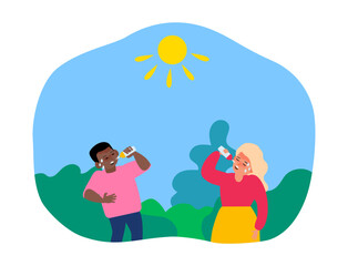 children boy and girl drinking water summer heatstroke first aid thirsty dehydration vector illustration