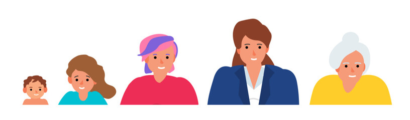 female character  portrait different ages baby young girl  teenager  adult woman senior vector illustration