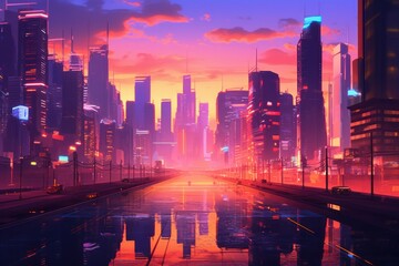 Obraz premium Futuristic cityscape with a glowing neon grid, bathed in the warm hues of a setting sun, reminiscent of 80s video games. Generative AI
