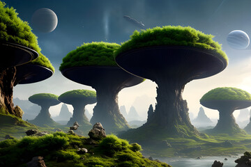 Mystical image capturing alien trees and beings in an otherworldly planet, a mesmerizing glimpse into an extraterrestrial realm created with generative AI technology