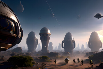 Awe-inspiring image of aliens and their ships in an alien planet, a captivating glimpse into an extraterrestrial world created with generative AI technology