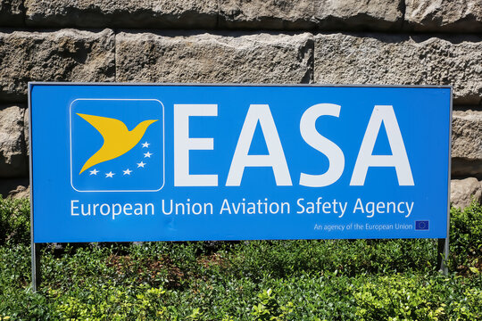 Cologne (K&ouml;ln), Germany - June 6. 2023: Closeup of sign of european aviation safety agency EASA