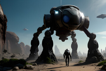 Awe-inspiring image of aliens and their ships in an alien planet, a captivating glimpse into an extraterrestrial world created with generative AI technology
