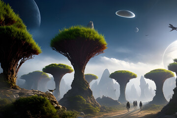 Mystical image capturing alien trees and beings in an otherworldly planet, a mesmerizing glimpse into an extraterrestrial realm created with generative AI technology
