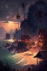 Sunset over the beach. AI generated art illustration.