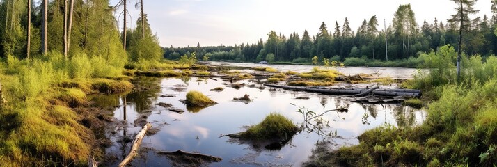 Panorama with overgrown swampy lake shore and forest in the background, concept of Ecological diversity, created with Generative AI technology