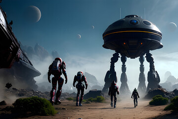 Awe-inspiring image of aliens and their ships in an alien planet, a captivating glimpse into an extraterrestrial world created with generative AI technology