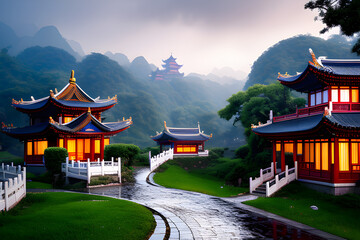 Harmony of a Chinese house in a serene environment, capturing the essence of cultural heritage and natural beauty created with generative AI technology