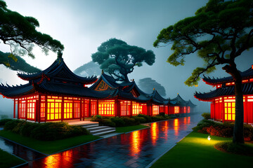 Harmony of a Chinese house in a serene environment, capturing the essence of cultural heritage and natural beauty created with generative AI technology