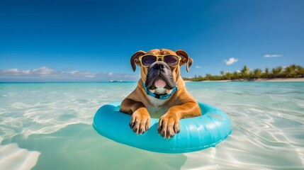 Mister dog chilling on a pool float on a sandy ocean beach. Boxer dog in sunglasses and rubber ring in the turquoise sea.