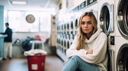 Young woman sitting near washing machine in the self-service laundry. Generative AI.