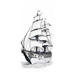  Retro sailing ship sailing on waves. Hand drawn vector sketch of. wooden frigate shipe Nautical retro water transport in vintage engraving style
