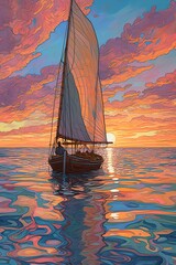 Sailing boat on the sunset. AI generated art illustration.