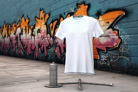 Blank White T-Shirt Mock-up against an urban graffiti background, with edgy street lighting, spray paint cans and artistic elements surrounding the t-shirt. Generative AI