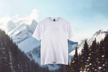 Blank White T-Shirt Mock-up on a snowy mountain peak background, with crisp, cool lighting, snowflakes and pine trees surrounding the t-shirt. Generative AI