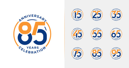 Set of colorful anniversary logo. 15, 25, 35, 45, 55, 65, 75, 85, 95, birthday symbol collections with emblem or badge concept