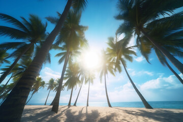 island sky sunset ocean sea beach landscape sun sunrise palm. Generative AI.