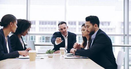 Business people, team and discussion with leader in corporate meeting, planning proposal and feedback in boardroom. Diversity, executive management and talking for office collaboration with documents