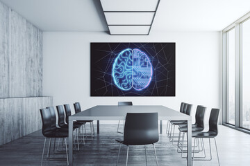 Creative human brain microcircuit on presentation monitor in a modern boardroom. Future technology and AI concept. 3D Rendering