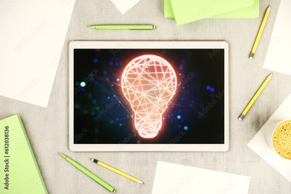 Poster Creative light bulb hologram on modern digital tablet screen, idea concept. Top view. 3D Rendering