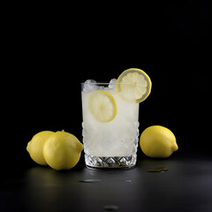 Cool freshly made lemonade and lemon fruits on black background. Space for text. AI generated
