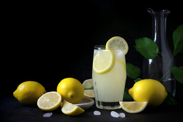 Cool freshly made lemonade and lemon fruits on black background. Space for text. AI generated