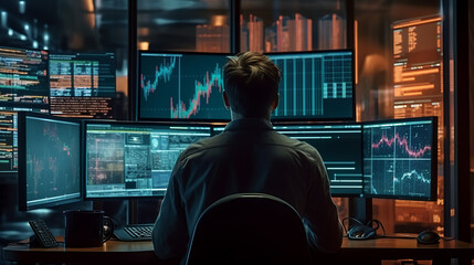 Stock Trader Man Using Multiple Monitors while working at night. Back view.Created with Generative AI technology. - obrazy, fototapety, plakaty