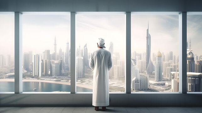 Arab businessman in traditional clothing stands in his office against a backdrop of skyscrapers. Back view.Created with Generative AI technology.