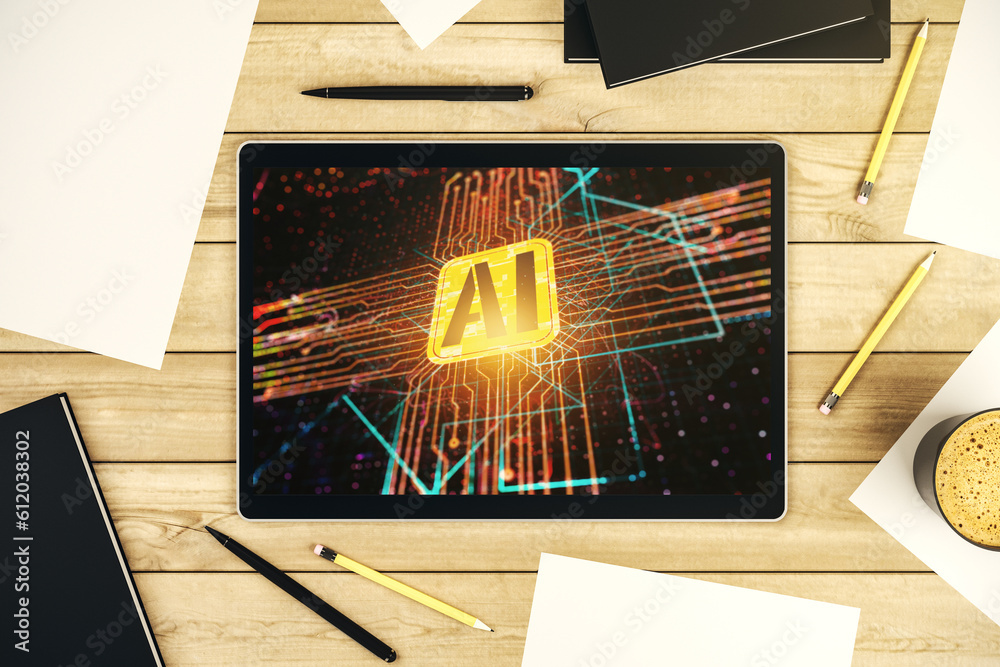Fototapete Top view of modern digital tablet monitor with creative artificial Intelligence icon. Neural networks and machine learning concept. 3D Rendering