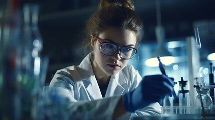 Young caucasian woman working at scientist laboratory.Created with Generative AI technology.