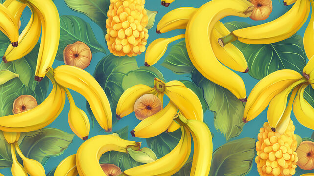 wallpaper o carta da parati con disegni di banane, stile giungla, banner con banane colorato, creato con ai