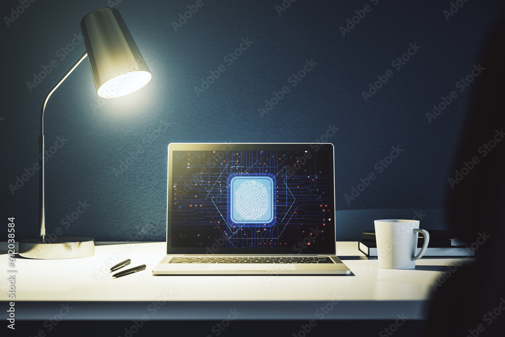 Poster Computer monitor with abstract creative fingerprint illustration, personal biometric data concept. 3D Rendering