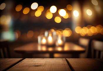 Image of wooden table in front of abstract blurred back. High quality photo
