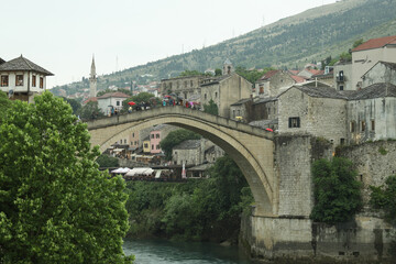 view of the old town Mostar with an old bridge 
