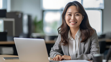 Portrait of young woman working on laptop in office.Created with Generative AI technology.