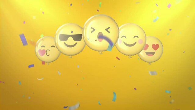 Animated party face emoji balloons. Emoticon stock video. 3d render. Seamless loopable. Birthday background